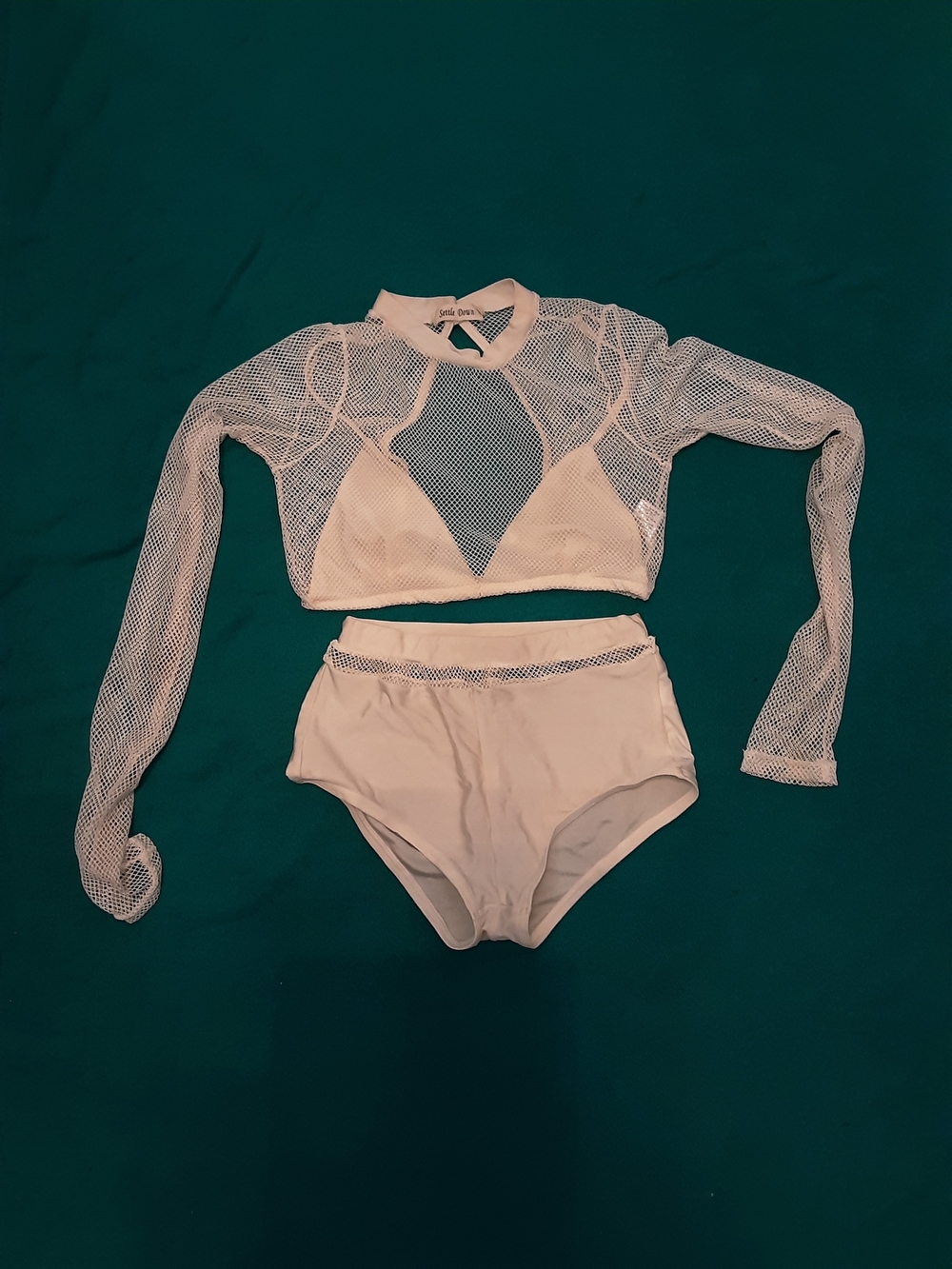 White Mesh Two-Piece Swim Set - Long Sleeve Crop Top & High Waist Bottoms